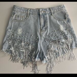 High Waist Beaded Sequin Fringe Jean Shorts